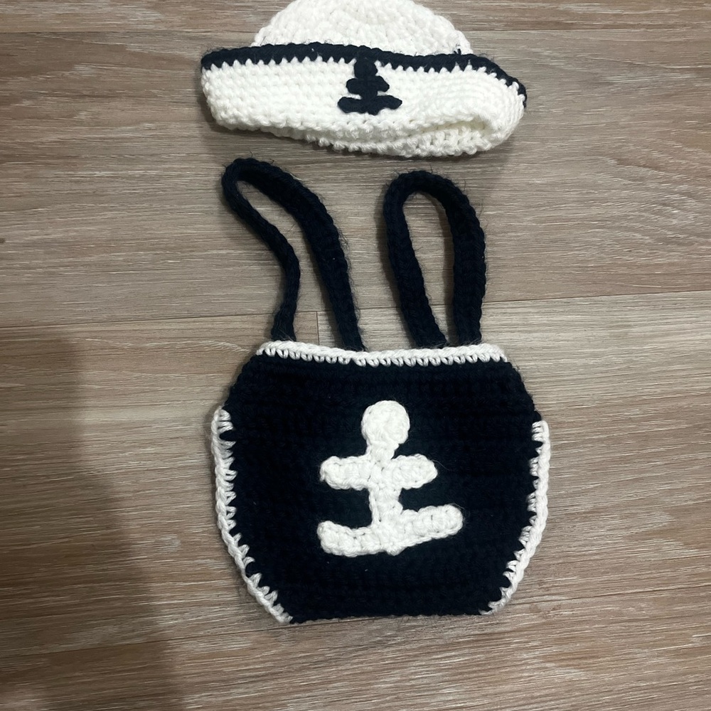 Nautical-Themed navy and White newborn knit sailor diaper cover and hat